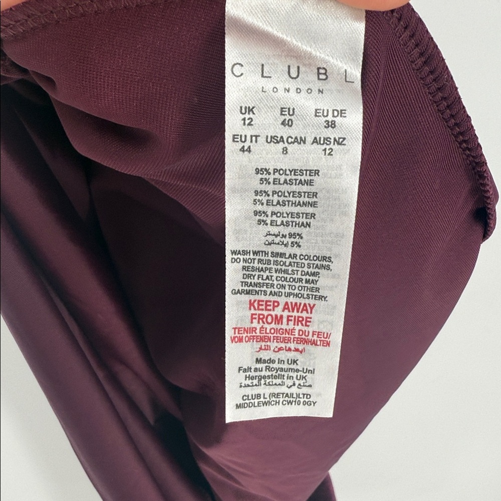 Club L London LONG BURGUNDY VELVET DRESS WITH HIGH NECK AND SIDE SLIPPING size 8 - Picture 15 of 15